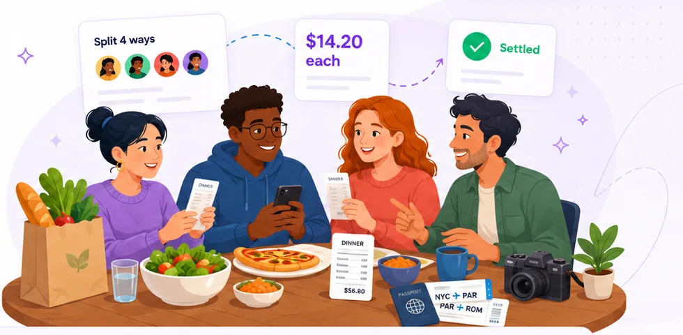 Friends reviewing shared expenses for food, groceries, and travel.